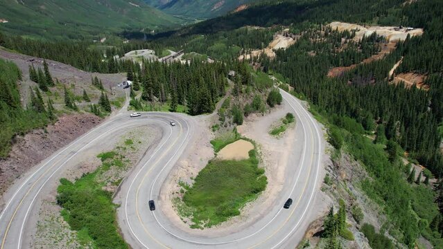 Aerial View of Traffic on Winding Road, Part of Million Dollar Highway, Colorado USA