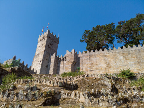 The Fortified Clock Tower next to the Royal Gate of the Historical Castle of Monterreal on the Monte Boi peninsula in the Galician village of Baiona, Spain.