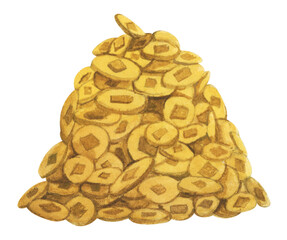 Chinese gold coins with hole. Golden money. Decoration elements for oriental New Year design. Concept of lucky money. Watercolor illustration.