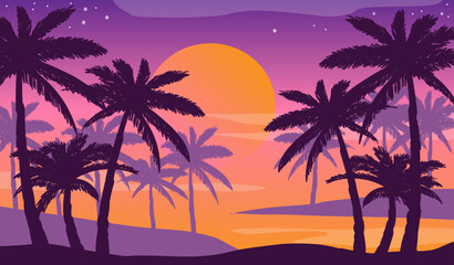 Obraz na płótnie Canvas Cartoon flat panoramic landscape, sunset with the palms on colourful background. Vector illustration.