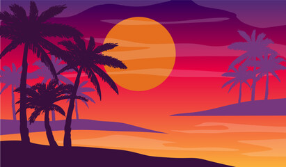 Cartoon flat panoramic landscape, sunset with the palms on colourful background. Vector illustration.