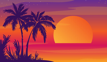 Fototapeta na wymiar Cartoon flat panoramic landscape, sunset with the palms on colourful background. Vector illustration.