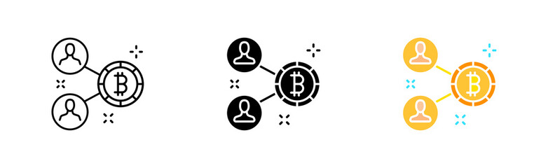 Bitcoin set icon. Financial management, exchange, online, internet, accounting, cloud storage features, coin, money bag, computer, blockchain, Cryptocurrency concept. Vector icon in line, black style