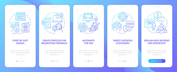 Getting good product reviews blue gradient onboarding mobile app screen. Walkthrough 5 steps graphic instructions with linear concepts. UI, UX, GUI template. Myriad Pro-Bold, Regular fonts used