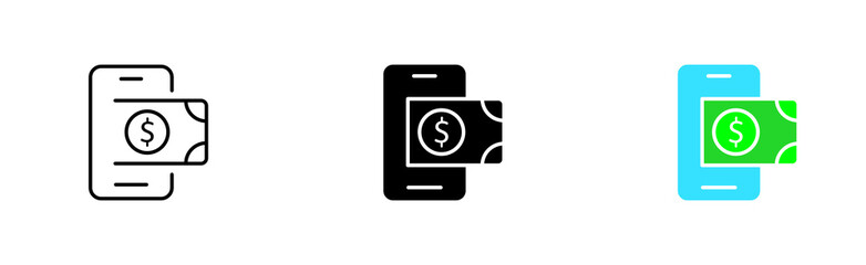 Phone with dollar bill set icon. Financial literacy, bank card, dollar bill, cash, bank transfer, atm, transfer, transaction. Financial management. Vector icon in line, black and colorful style
