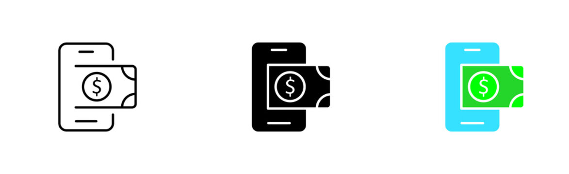 Phone with dollar bill set icon. Financial literacy, bank card, dollar bill, cash, bank transfer, atm, transfer, transaction. Financial management. Vector icon in line, black and colorful style