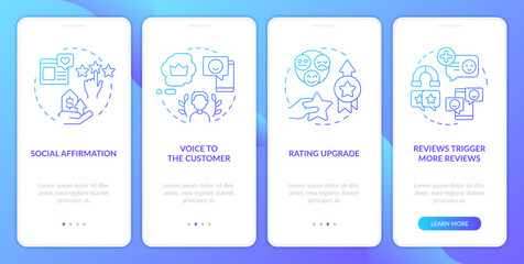 Importance of online reviews blue gradient onboarding mobile app screen. Walkthrough 4 steps graphic instructions with linear concepts. UI, UX, GUI template. Myriad Pro-Bold, Regular fonts used