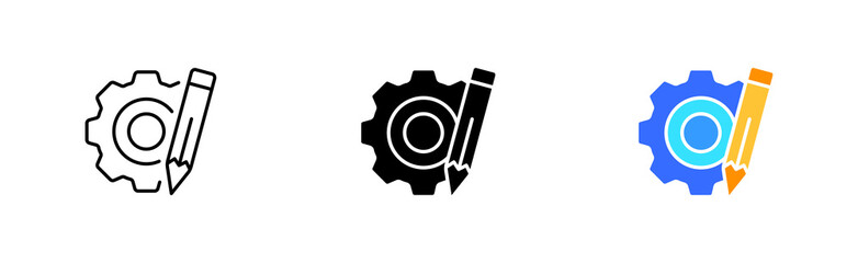 Pen with gears set icon. Control panel, cube, scroll, book, instruction, website, tune, install, adjust, configuration file. Technology concept.Vector icon in line, black and colorful style