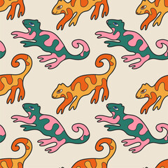 Vector psychedelic cat illustration, seamless pattern. Retro clockwork graphic element. Cartoon hand drawn. Bright boho print.