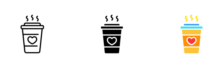 Favourite drink set icon. Drawing on coffee, hot drink, heart, cup, hot, cold, latte, saucer, break, rest, morning, breakfast. Beverage concept. Vector icon in line, black and colorful style