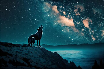 Wolf howling at the full moon, sky, stars, howl, generative ai