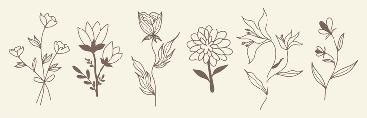 Continuous Line Drawing Set Of Plants Black Sketch of Flowers Isolated on White Background. Flowers One Line Illustration. Minimalist Prints Set. Vector EPS 10.