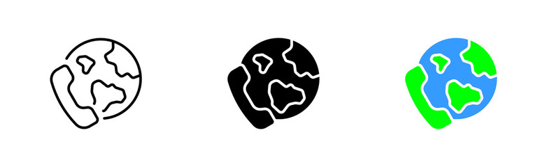Call around the world set icon. Landline, planet, worldwide, online, support service, 24, around the clock. Communication concept. Vector icon in line, black and colorful style on white background
