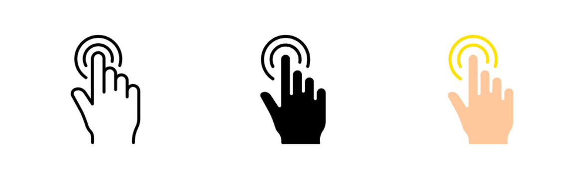 Tap set icon. Click, Index finger, zoom, tapping, sliding, Scrolling, touch, cursor, arrow, sensor, watch. Pressing concept. Vector icon in line, black and colorful style on white background
