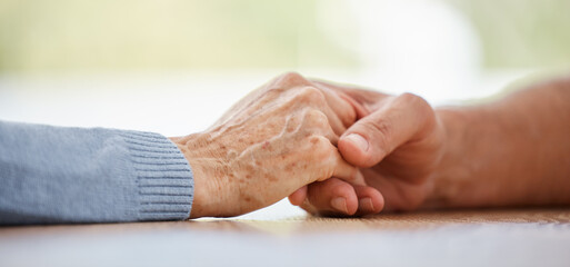 Healthcare, help or people for support holding hands of patient for trust, consulting or cancer news zoom. Friends, family or hand for empathy with comfort, depression wellness or sad funeral advise