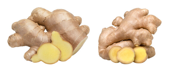 Close-up, Fresh ginger rhizome and sliced isolated, transparent png, collection, PNG format, cut out.