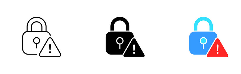 Locks for personal data protection set icon. Password, warning sign, key, synchronization, graphic key, unlock, cursor, security system, gear, shield. Vector icon in line, black and colorful style