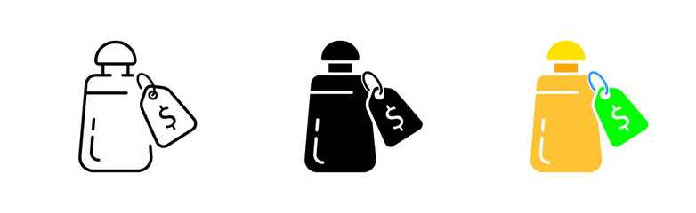 Salt shaker with price tag set icon. Sugar, Sweetness, sugar cubes, coffee, tea, saucepan, cup, price list, sugar bowl, flour. Vector icon in line, black and colorful style on white background