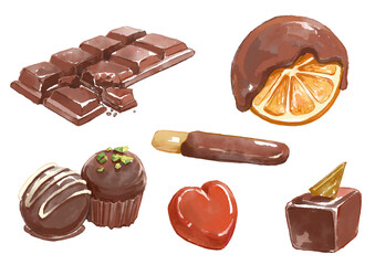 たくさんの種類のひとくちチョコレートの水彩イラスト