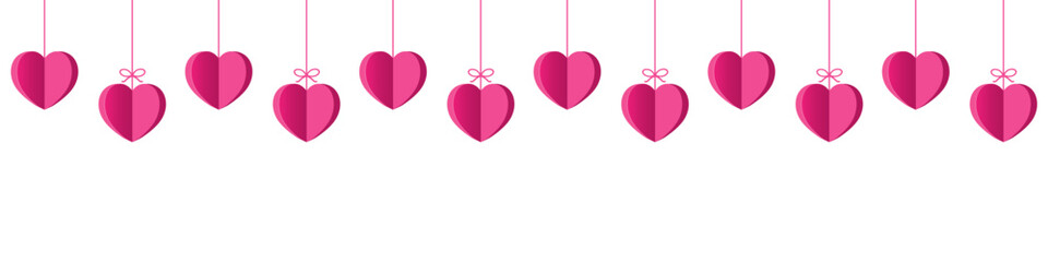 Hanging hearts garland.Pink 3d paper hearts .Set of simple hearts.Valentine's Day seamless pattern. Hearts garland isolated on a transparent background. Valentine's day decoration.