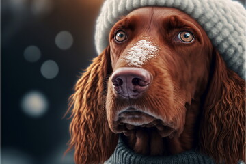 Gorgeous Irish Setter dog dressed with a white winter jumper and a knit beret hat