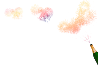 Feuerwerk mit Sektflasche rechts und transparenter Hintergrund.