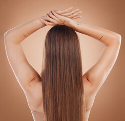 Naklejka premium Woman, hair and beauty in cosmetics studio with long hair, treatment and self care by brown background. Model, natural hair care and balayage for cosmetic, extension or wig by studio background