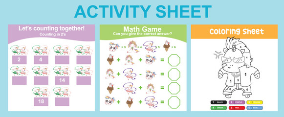 3 in 1 Activity Sheet for children. Educational printable worksheet for preschool. Coloring and counting activity. Vector illustrations. 