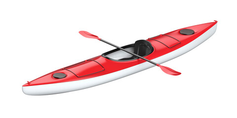 Red plastic kayak with paddle on transparent background