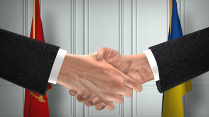 Montenegro and Ukraine diplomacy deal 3D illustration. Businessman partner handshake. National flag on background