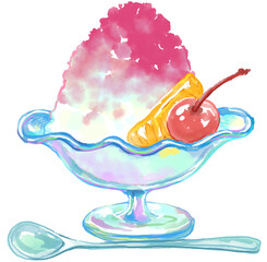 Fototapeta イチゴのかき氷とフルーツの水彩イラスト(透過PNG) obraz