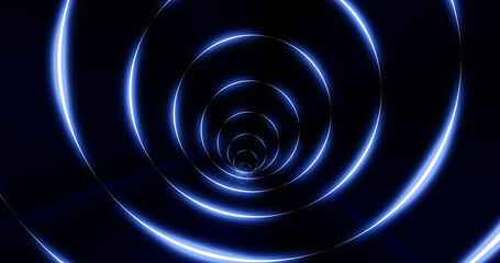 Tunnel of round blue glowing bright neon rings. Abstract background