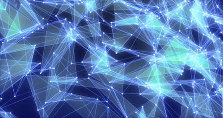 Abstract background of shiny blue glass triangles with lines and dots hi-tech digital triangulation. Screensaver beautiful