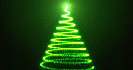 Christmas green New Year tree festive from bright glowing shiny beautiful particles and lines. Abstract background