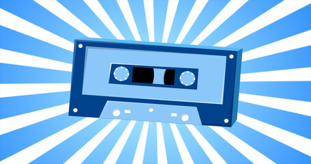 Retro audio music cassette for tape recorder old vintage hipster for geeks from 70s, 80s, 90s on blue rays background