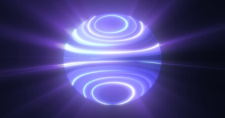 Blue glowing planet star in space glows with bright rays of the sun magical energy lines, shiny circle ball sphere. Abstract background