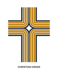 Christian cross modern linear style vector symbol isolated on white, faith and belief contemporary crucifix sign of Jesus Christ stripy graphic design.