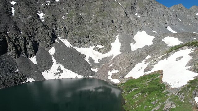 Mohawk Lakes, Colorado USA. Aerial View of Glacial Water and Snow on Sunny Summer Day