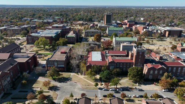 University of Oklahoma campus on the prairie in Middle America. Aerial truck shot.