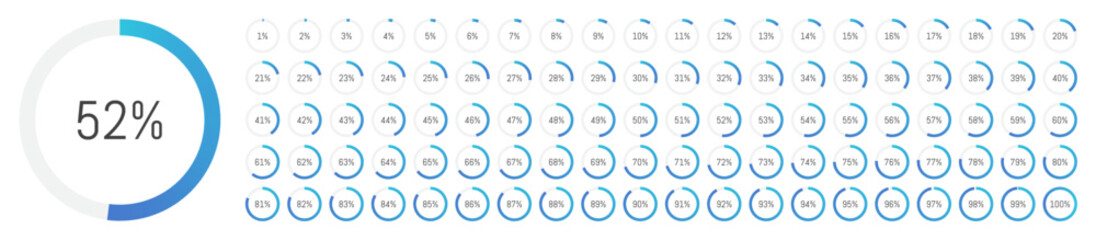 Round loading progress icons. Percentage from 1 to 100.