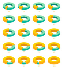 Pie chart vector 3d circle diagram infographic set. From 5% to 100%.