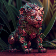 3D illustration, exotic multicolored lion, fantasy image, 3D rendering.