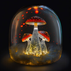 3D illustration, exotic mushroom, enclosed in bubble capsule, fantasy image, 3D rendering.
