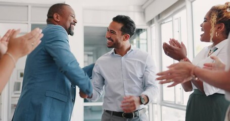 Success, winner and applause with business people and handshake for congratulations, celebration and achievement. Goal, well done and deal with group employee praise for promotion, award and support