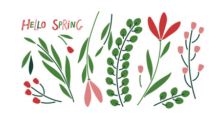 Spring Plant doodle sketch set. Red pink green on white background. Flowers, branches, grass. Hand drawn design elements. For banner, flyer, brochure, card, poster. Spring nature vector illustration.