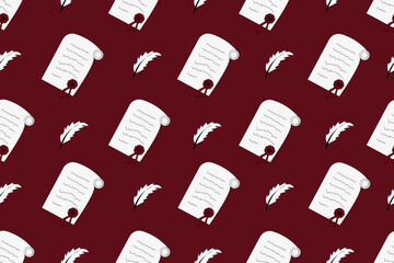 Seamless pattern with manuscript and retro ink pen on red background. Wallpaper print. Children bed linen. Backdrop with vintage writing accessories.