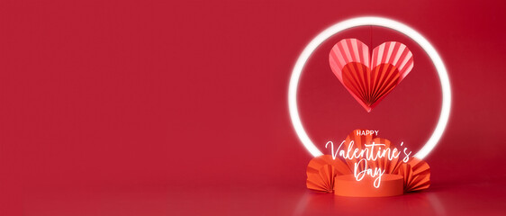 Happy Valentine's day text and podium stage composition on red background with copy space