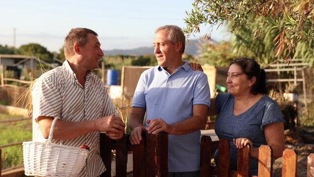Man standing at fence and talking with mature couple neighbours at backyard garden. 