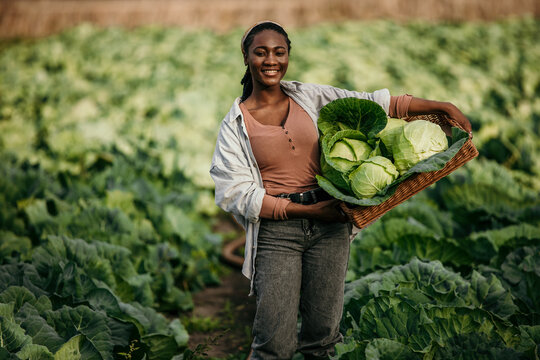 Shot of an attractive young female farmer carrying a crate of fresh produce.