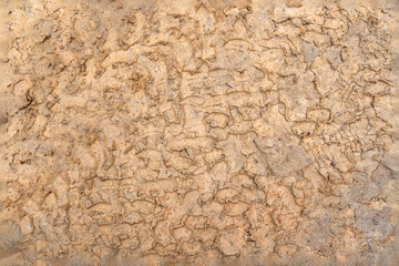 Traces of tire treads on the ground. Imprint tires on wet clay. Brown dirt with traces from the wheels of the SUV. 